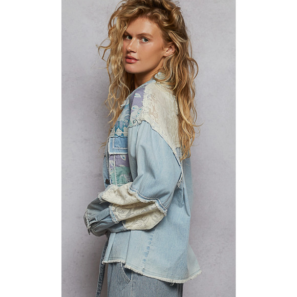 1207 POL Size Medium Button Down Jacket Lace Detal Long Baloon Sleeve NEW - Picture 3 of 7